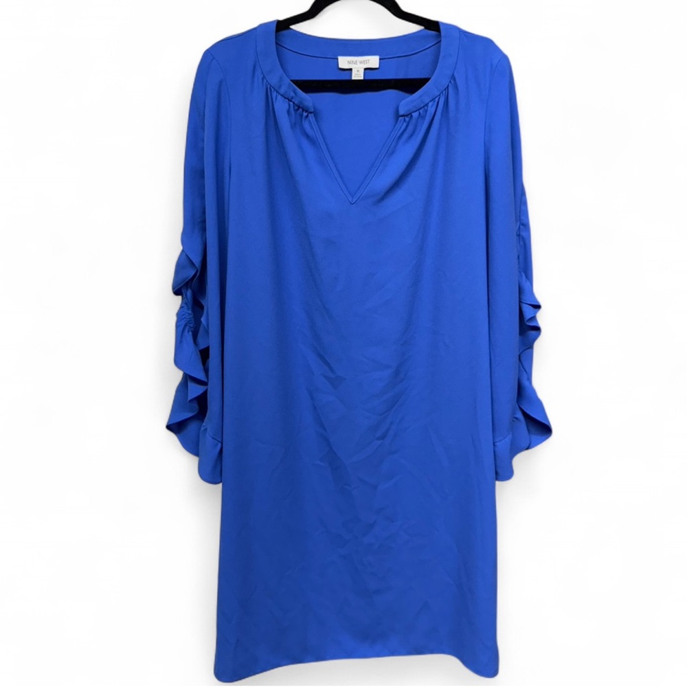 Nine West Cobalt Blue Ruffle Sleeve Notch Neck Shift Dress Size 16 - Picture 2 of 8